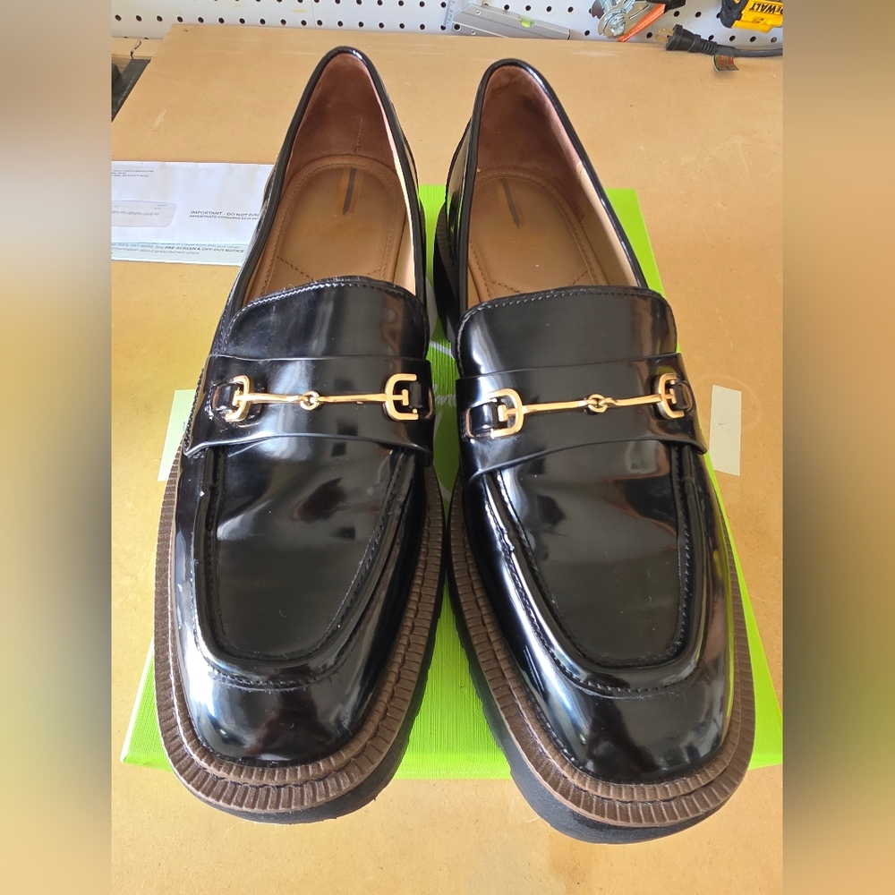 Sam Edelman Glossy Black Loafers with Gold Detail